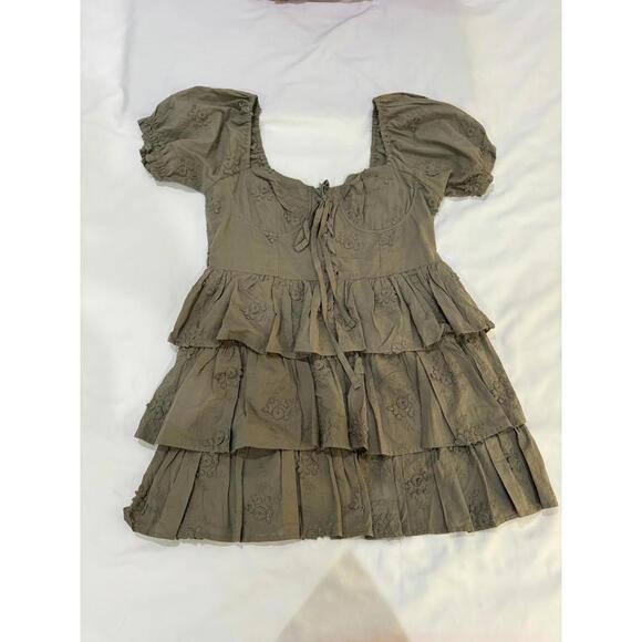 Altar’d State Olive Green Floral Embroidered Ruffle Corset Mini Dress Size Large - Picture 2 of 9